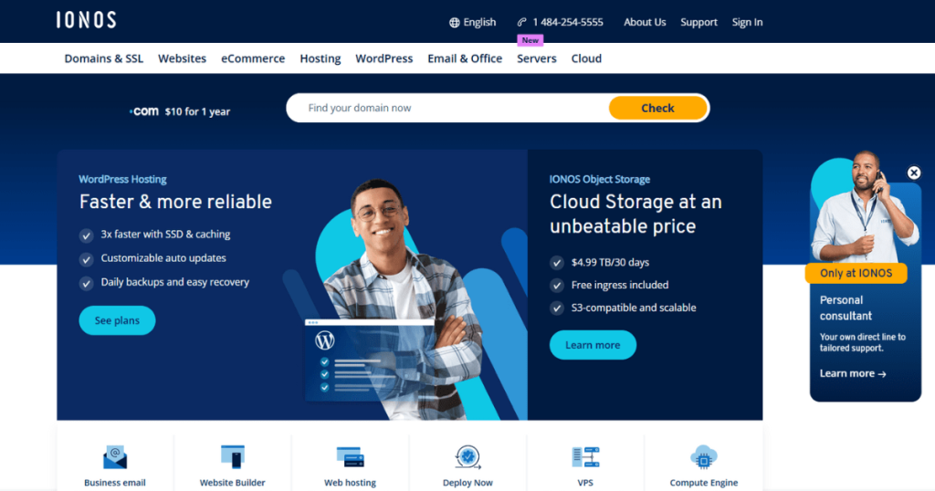 IONOS hero banner, best web host for many websites