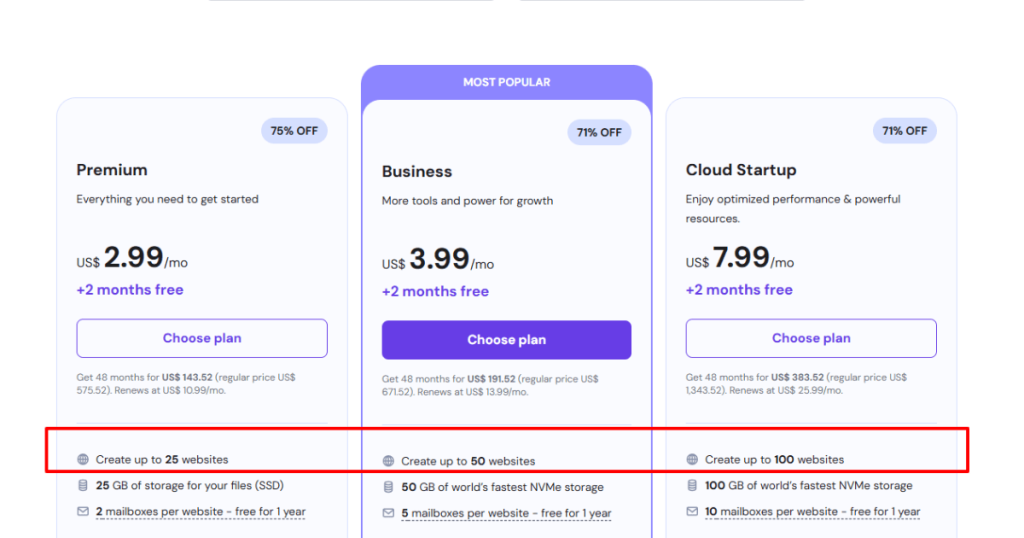 Hostinger web hosting plans and prices for multiple websites